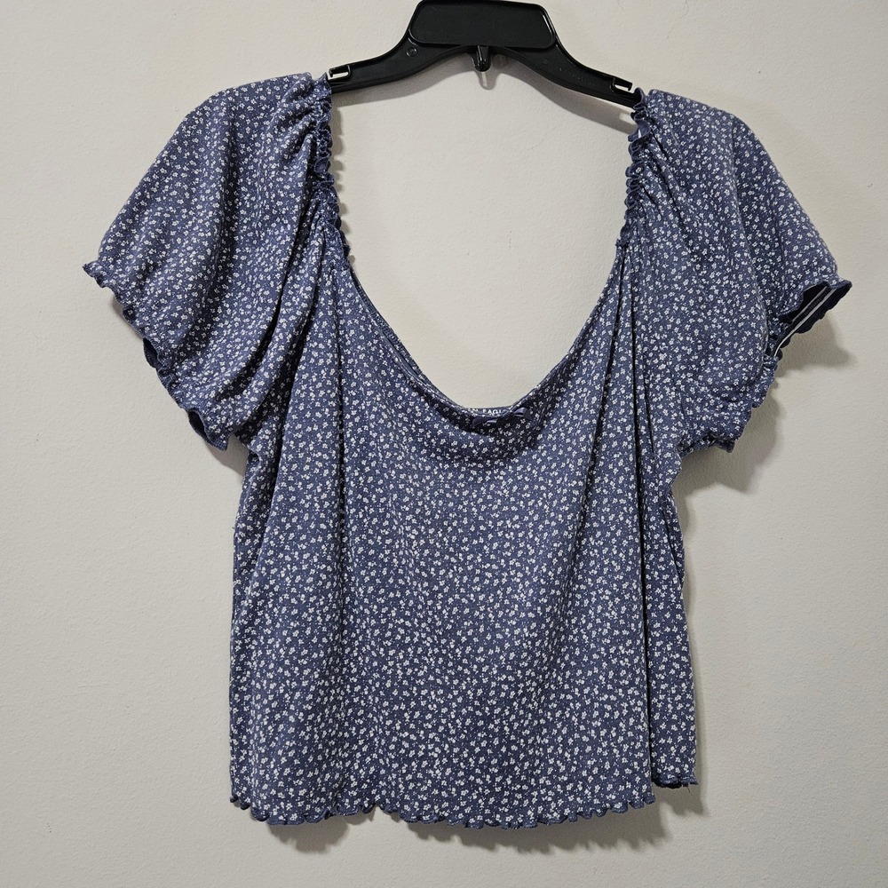 American Eagle Blue Ditsy Floral Puff Sleeve Scoop Neck Top XL Womens